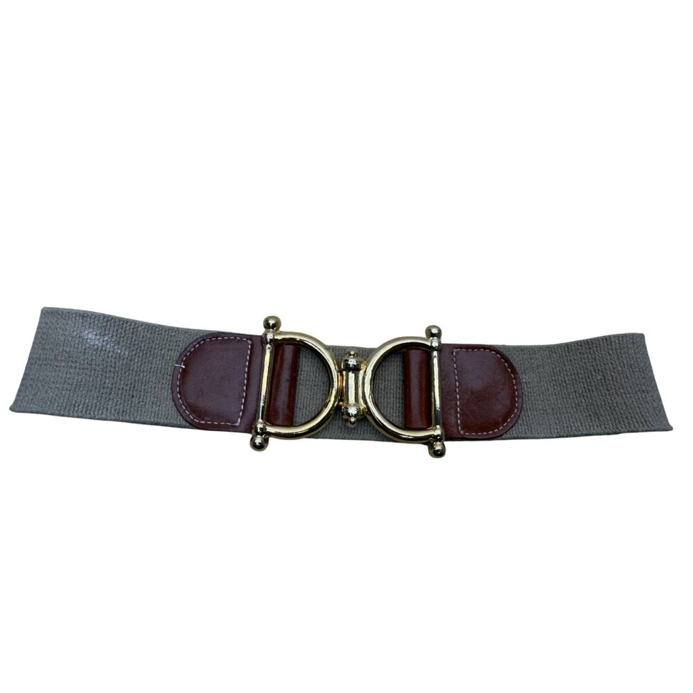 Elastic Belt Gold Accents Leather Trim Adjustable Beige & Brown Colorway S/M